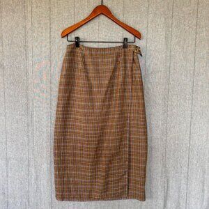 Vintage Casual Corner Linen Brown Navy Blue White Plaid Wrap Maxi Skirt Size 10
